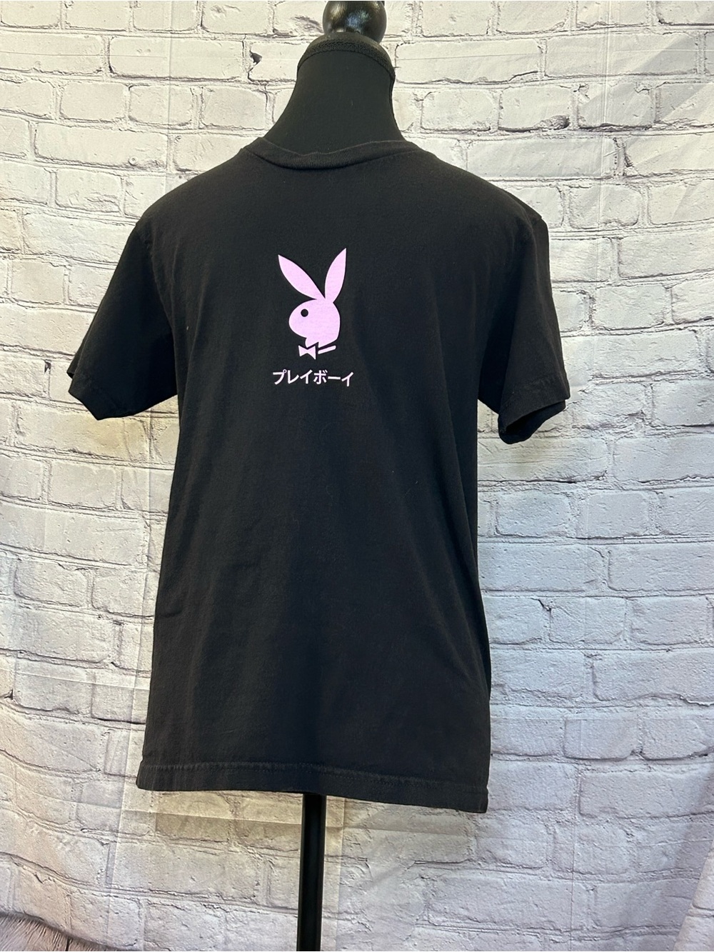 PLAYBOY Black Tee with Pink Bunny Graphic